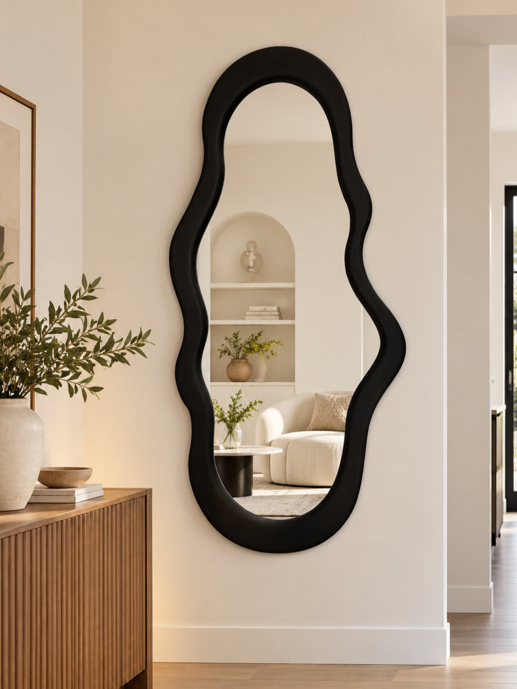 Modern Irregular Wall Mirror with Black Suede Frame