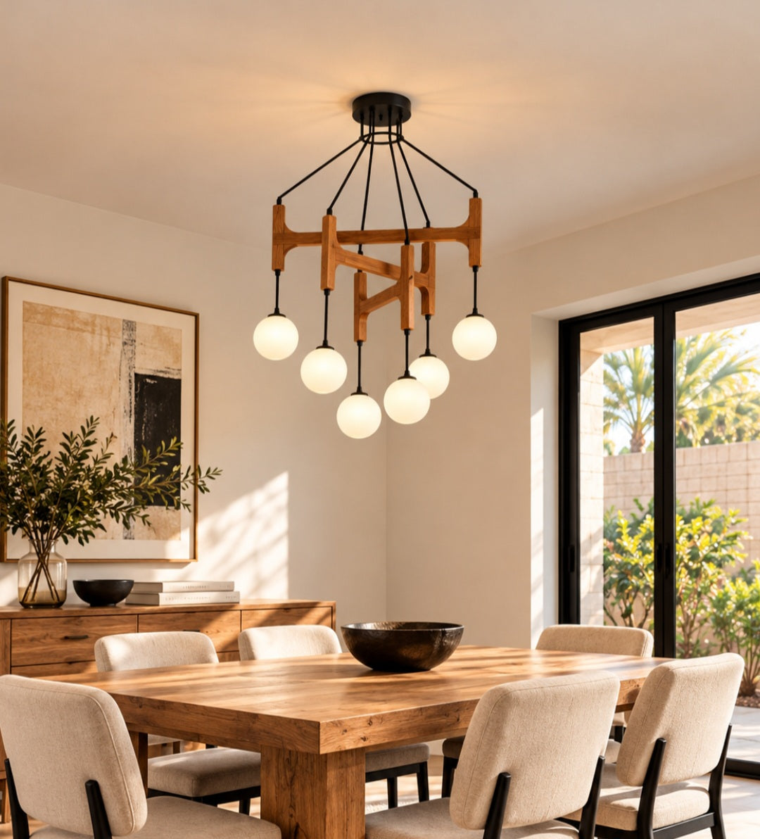 Modern Wood Chandelier with 6 Globe Lights