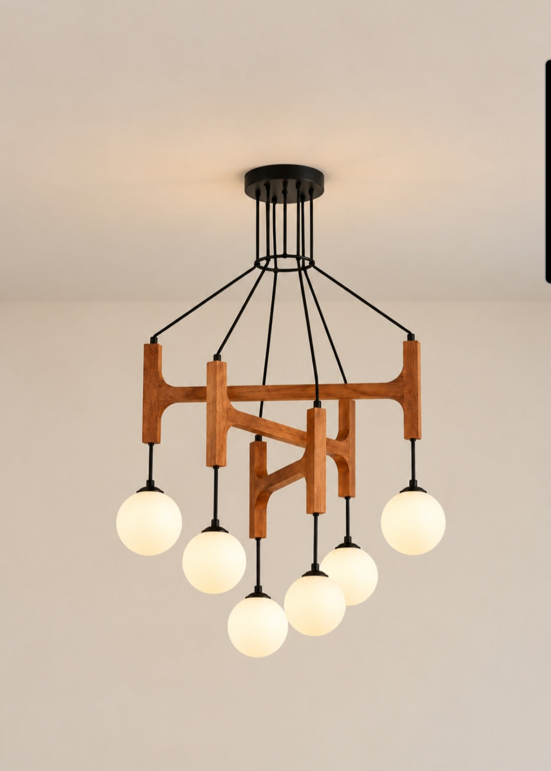 Modern Wood Chandelier with 6 Globe Lights