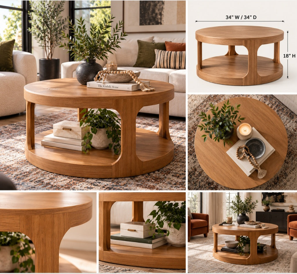 Modern Round Wood Coffee Table with Lower Shelf
