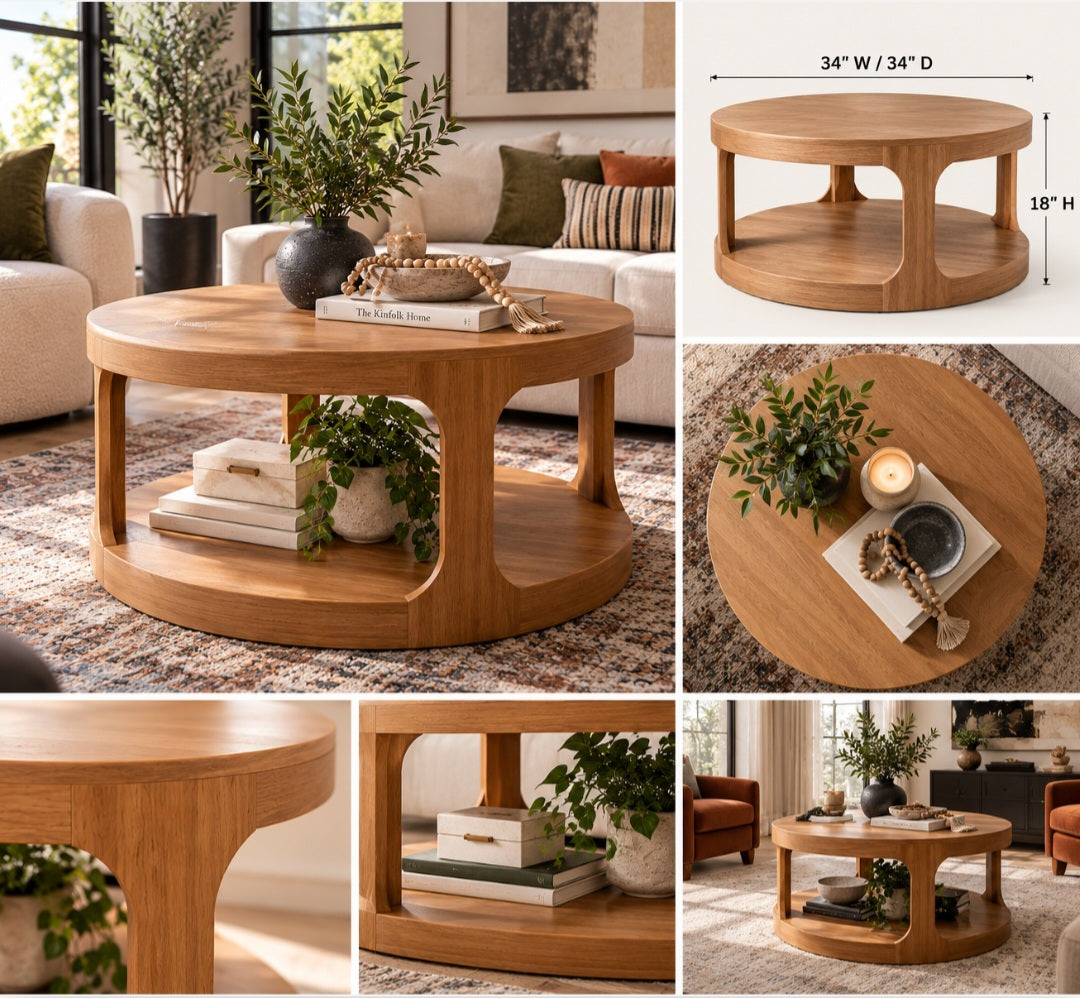 Modern Round Wood Coffee Table with Lower Shelf