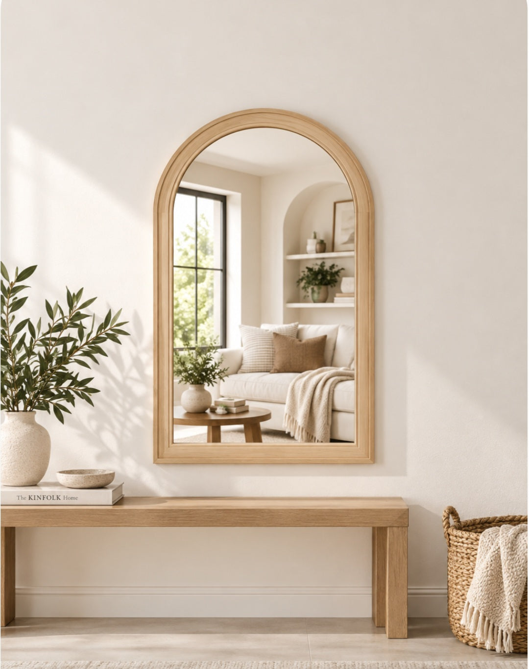 Arched Natural Wood Wall Mirror