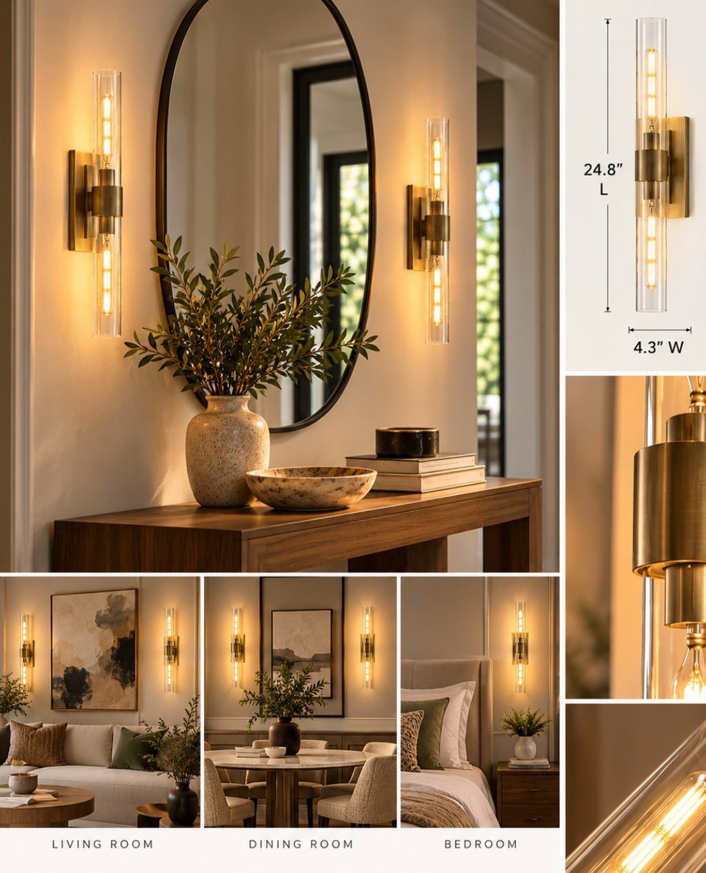 Set of 2 Modern Gold Wall Sconces with Clear Glass Shades