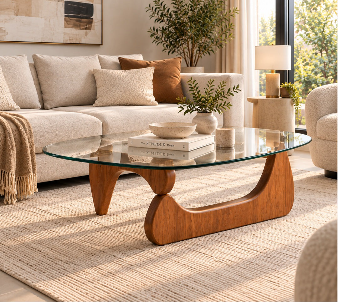 42.5" Modern Clear Glass Coffee Table with Natural Wood Base