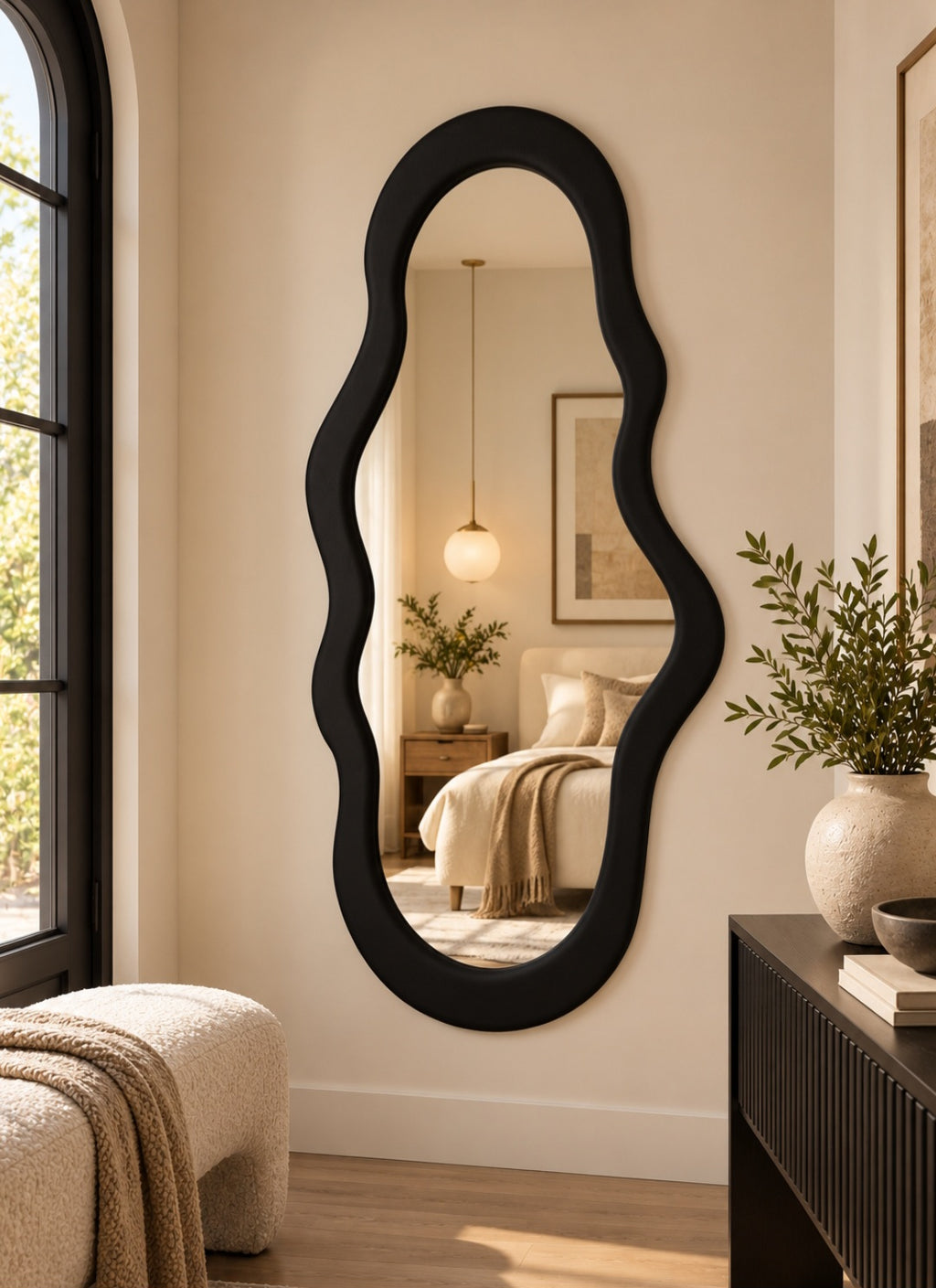 Modern Irregular Wall Mirror with Black Suede Frame