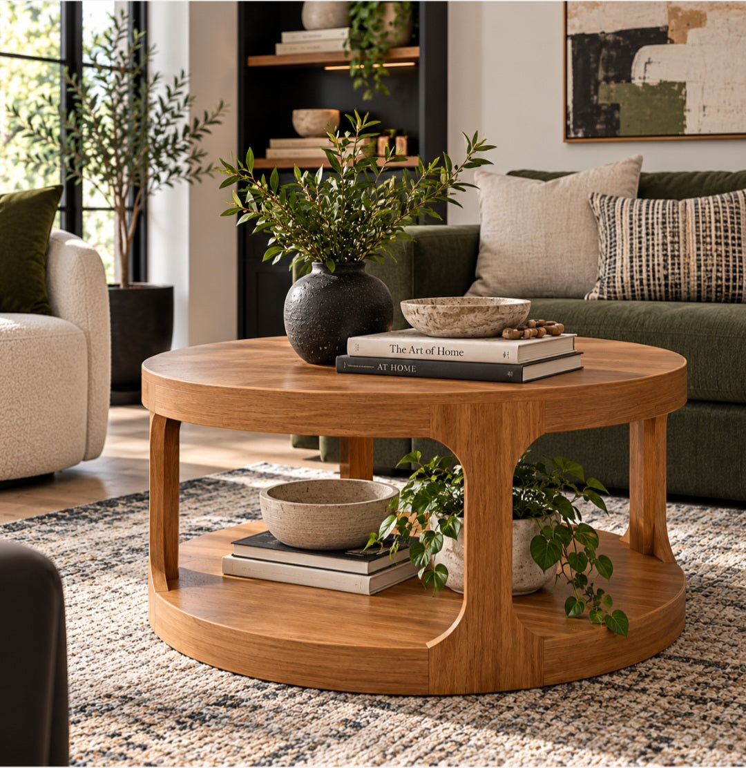 Modern Round Wood Coffee Table with Lower Shelf