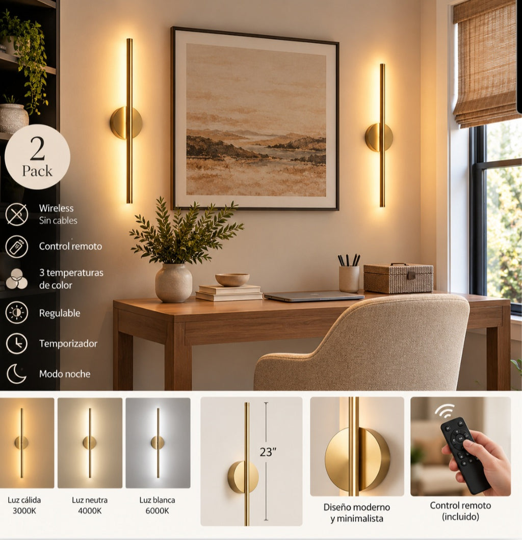 Set of 2 Modern Gold Wireless LED Wall Sconces – 23"