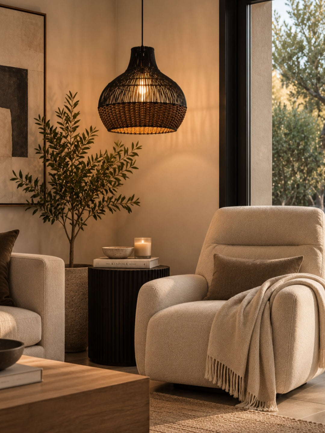 Two-Tone Woven Rattan Pendant Light